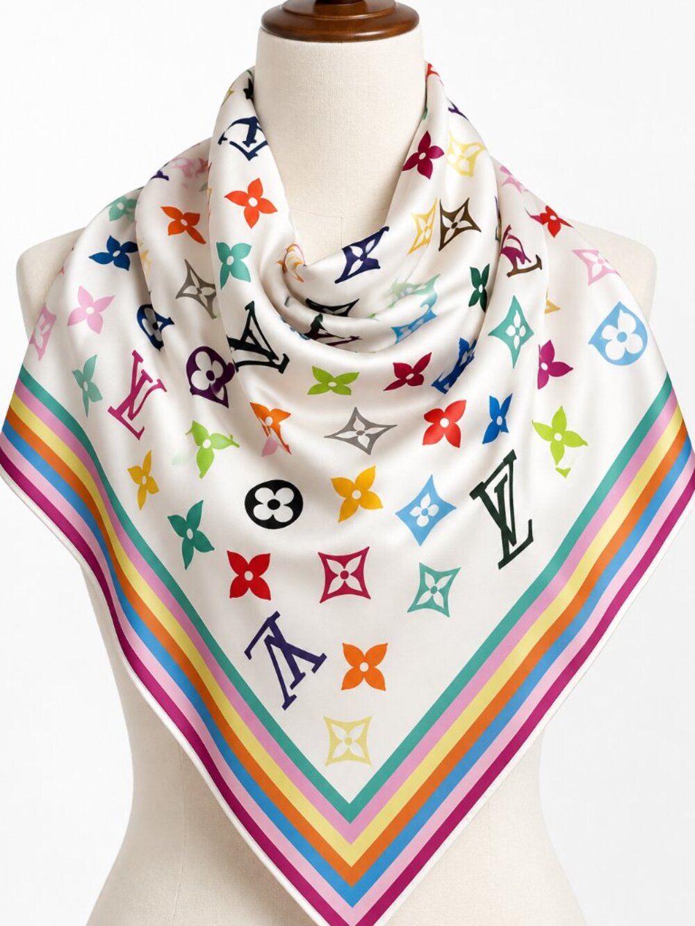 Multicolor Monogram Print Square Scarf White Rainbow Border Elegant Wrap